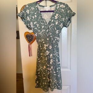 French Grey Green Floral V Neck Dress